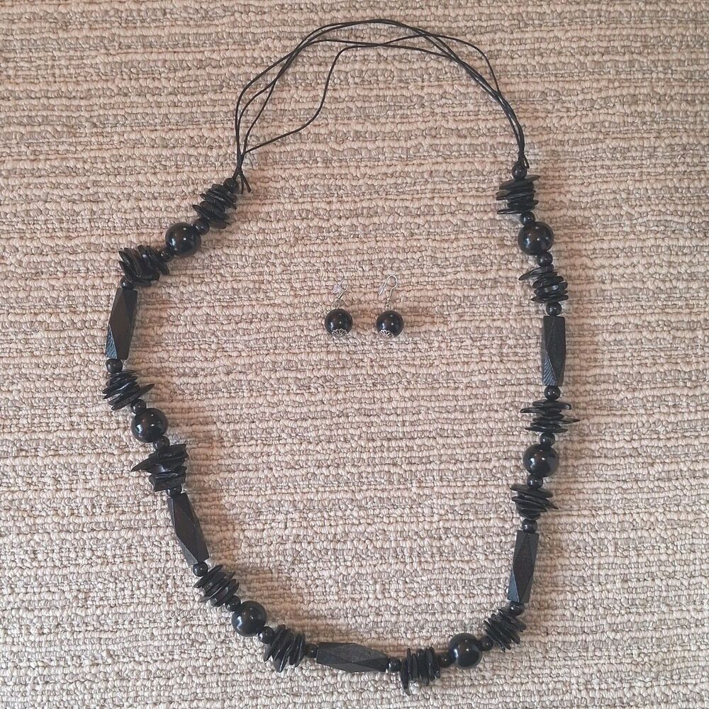Vintage Black Wood Bead Necklace Dangle Earrings Set Statement Chunky Boho Women